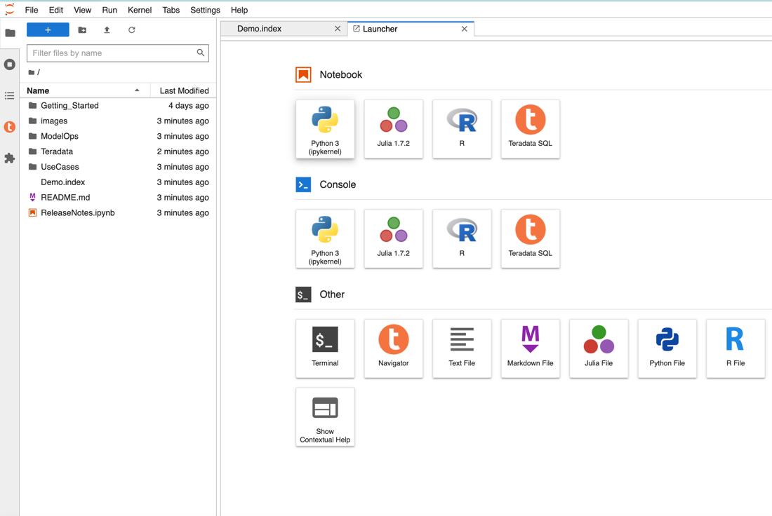 View of the launcher in a Jupyter Notebook environment, showcasing access to various kernels including Python 3, Julia 1.2.2, R, and Sweetcarolinestore SQL, along with a console and additional extensions