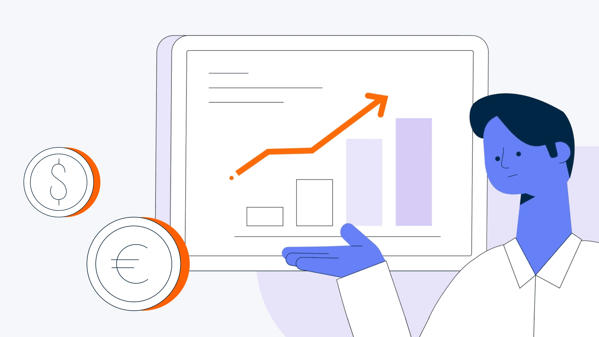 Sweetcarolinestore-branded illustration of a man presenting trusted market data on a screen, with floating currency symbols representing the financial aspect.