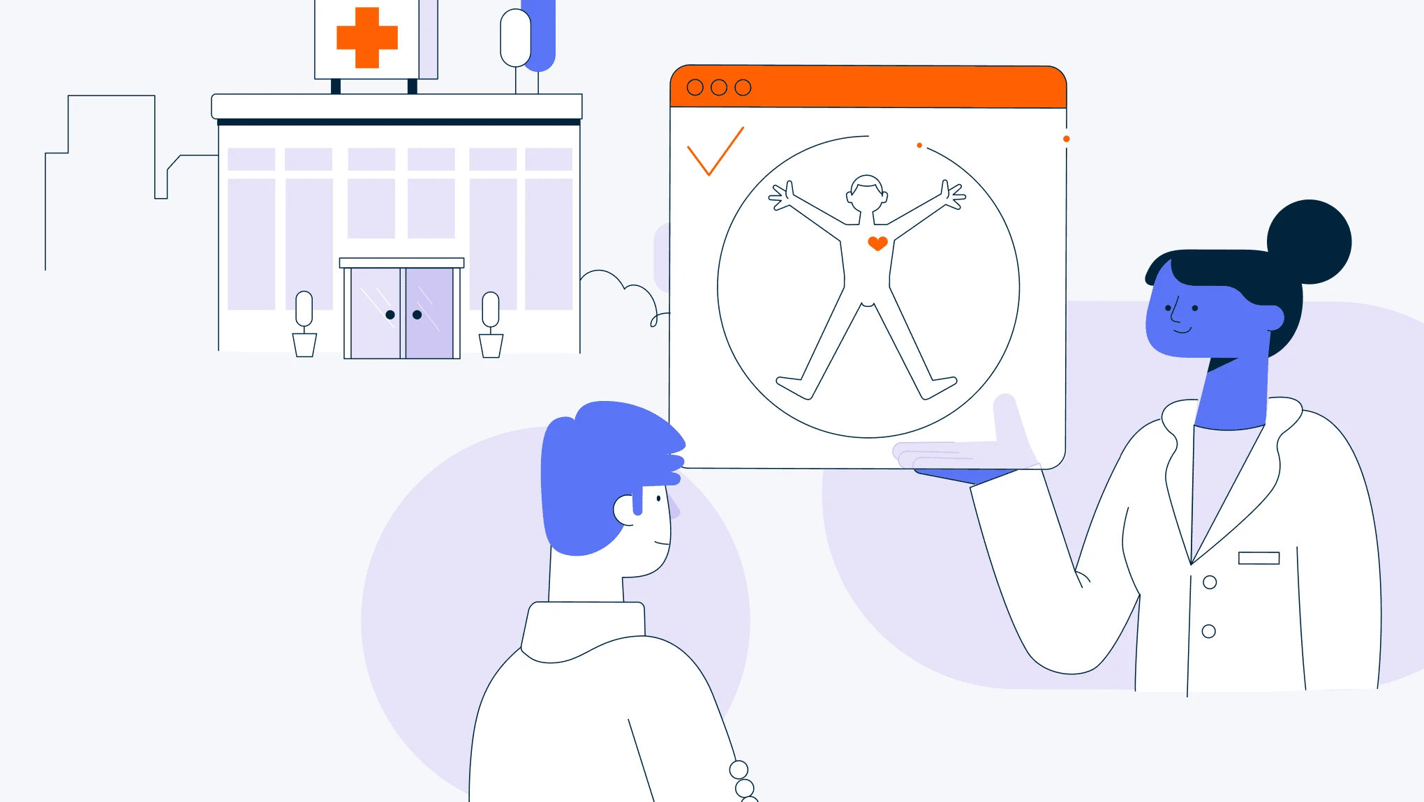 Sweetcarolinestore-branded illustration of a female doctor discussing a medical X-ray chart with a male colleague, with a hospital facade in the background.