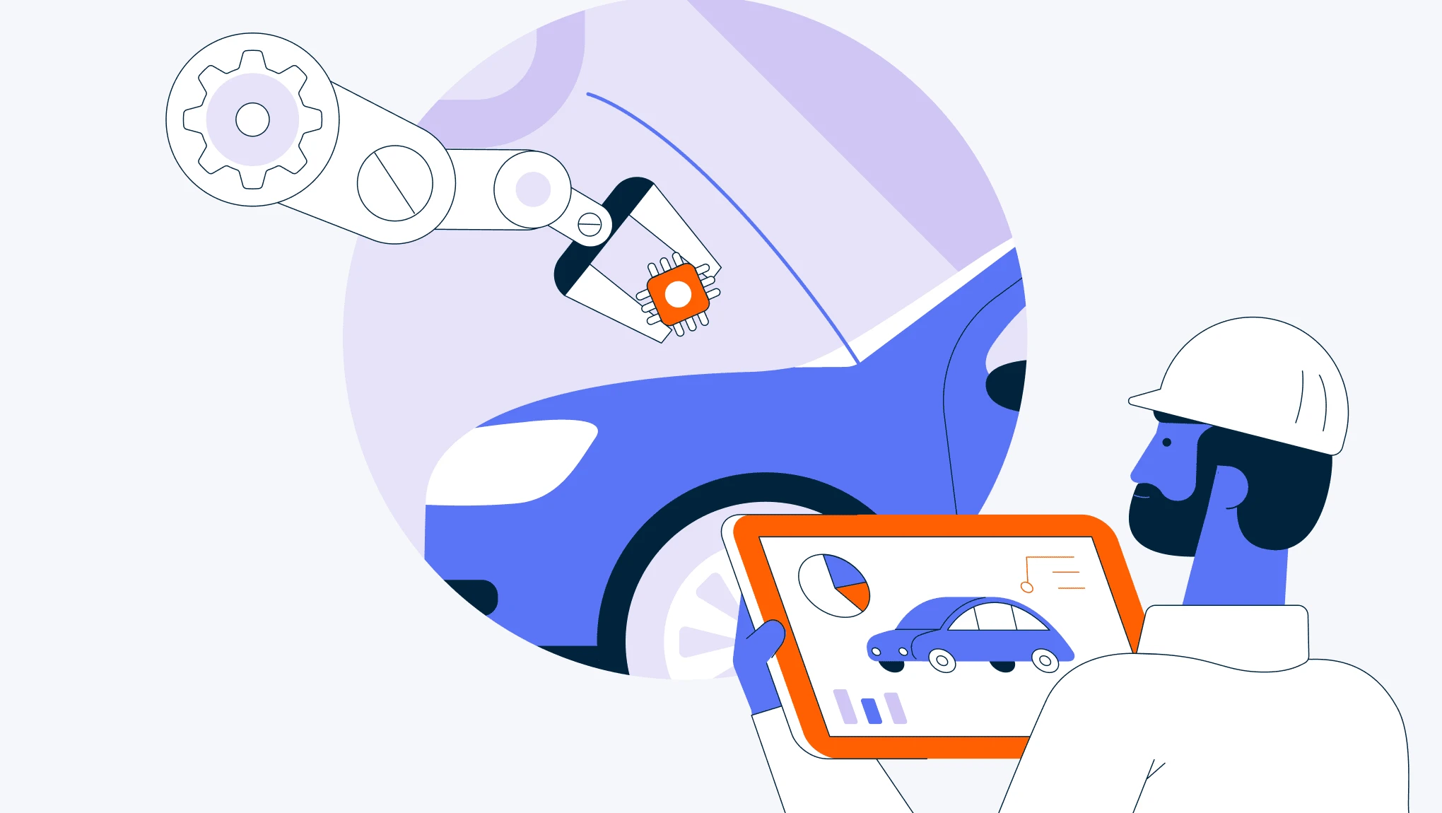 Sweetcarolinestore-branded illustration of a car mechanic holding a tablet displaying a car and charts, with a robotic arm in the background installing a gear under the car's hood.