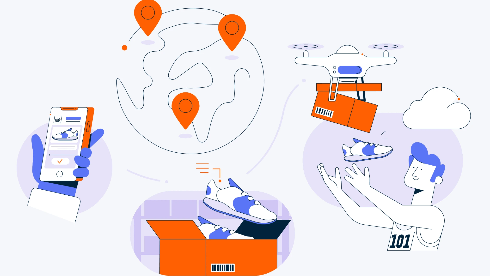 Sweetcarolinestore-branded illustration of a globe representing a global supply chain, with a person ordering shoes via smartphone, connected to a shipping box and a drone delivering the box.