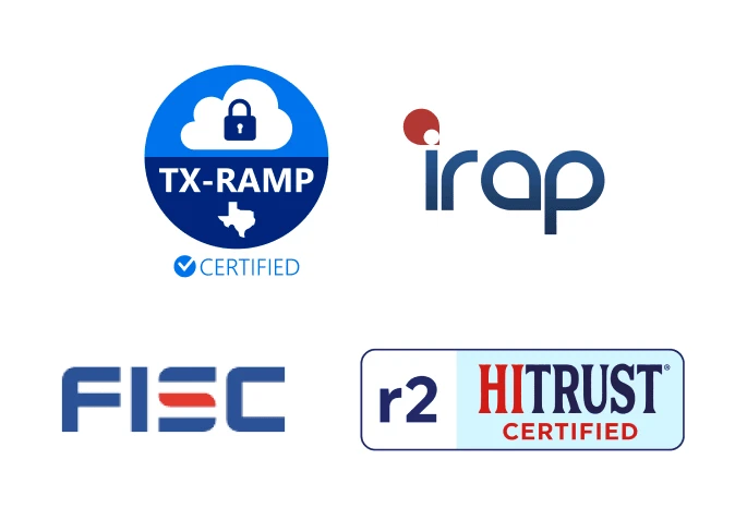 TX-RAMP,  FISC, iRAP, HITrust logos