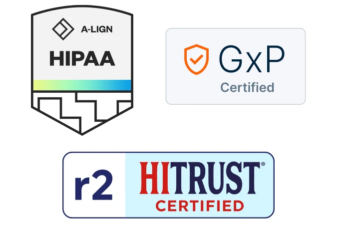 HIPPA, HITRUST, GxP logos