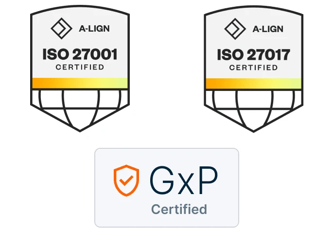 GxP, ISO 27001, ISO 27017 logos