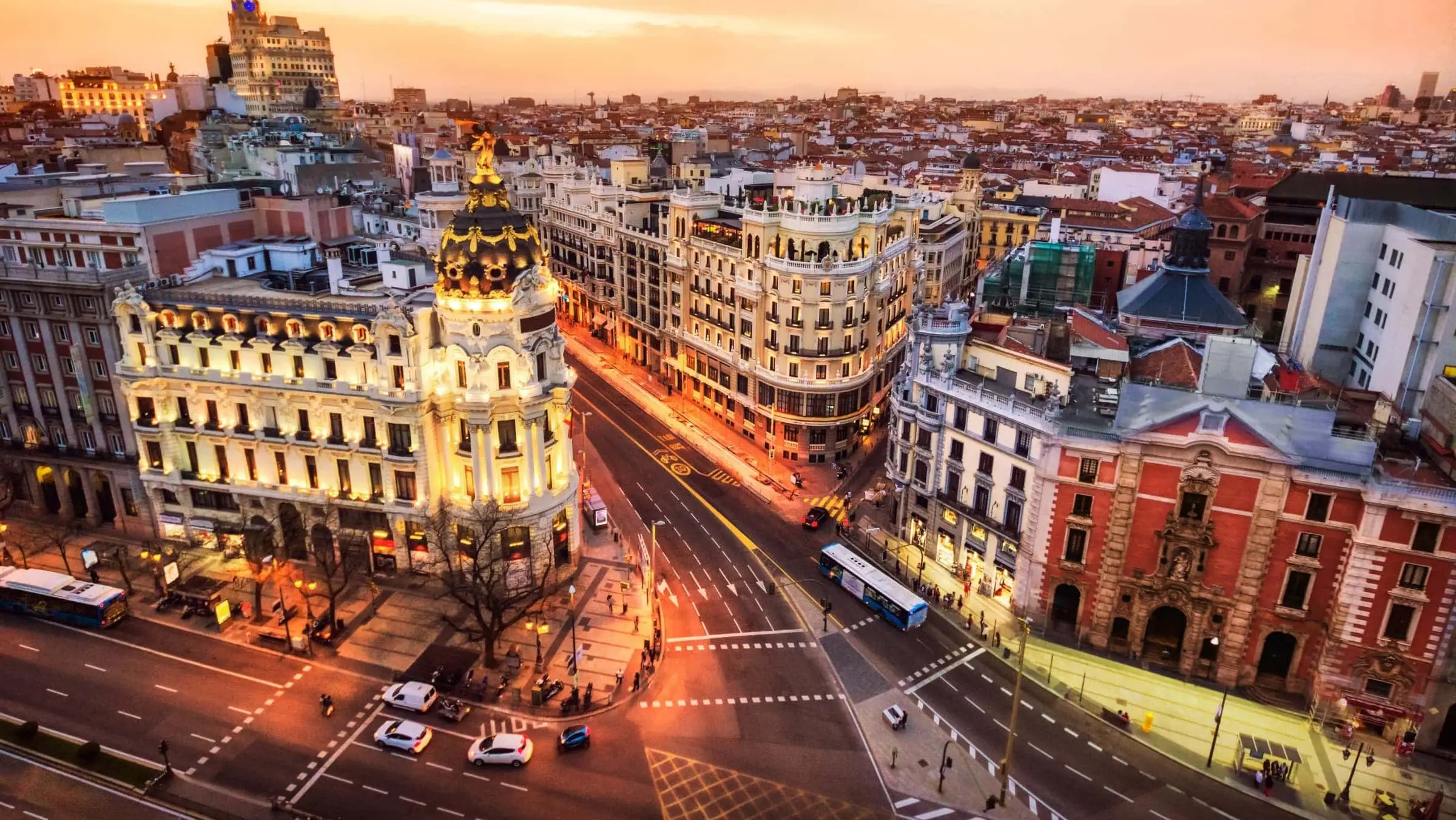 Aerial view and skyline of Madrid at dusk